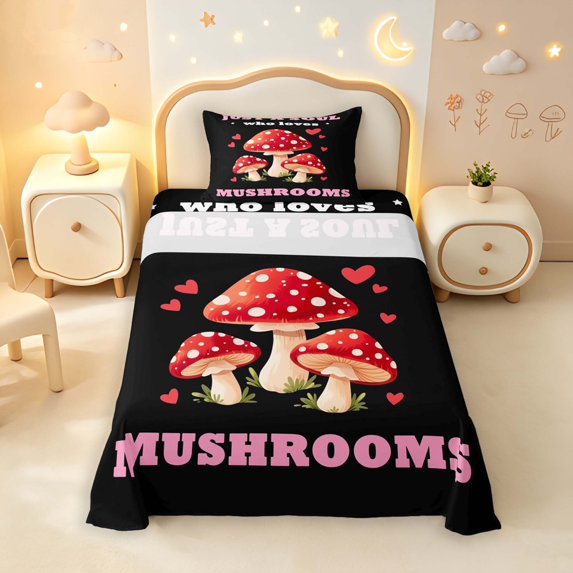 Homewish Kawaii Cartoon Mushrooms Twin Sheets,Letter Heart Bedding,Black Red,3 Pieces,1 Flat Sheet,1 Fitted Sheet and 1 Pillowcase