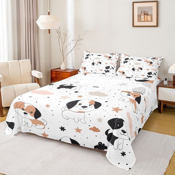 Homewish Kawaii Cartoon Pug Bed Sheets for Teen, Cute Dalmatian Dog King Sheets, Dreamy Stars Cloud Sheet Set, Super Cozy Room Decor, 4pcs