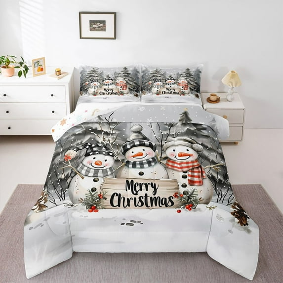 Homewish Kawaii Cartoon Snowman Bedding Comforter Set for Kids, Winter Christmas Twin Comforter Sets, White Grey Reversible Bedding Set, Lightweight Room Decor, 2-Piece