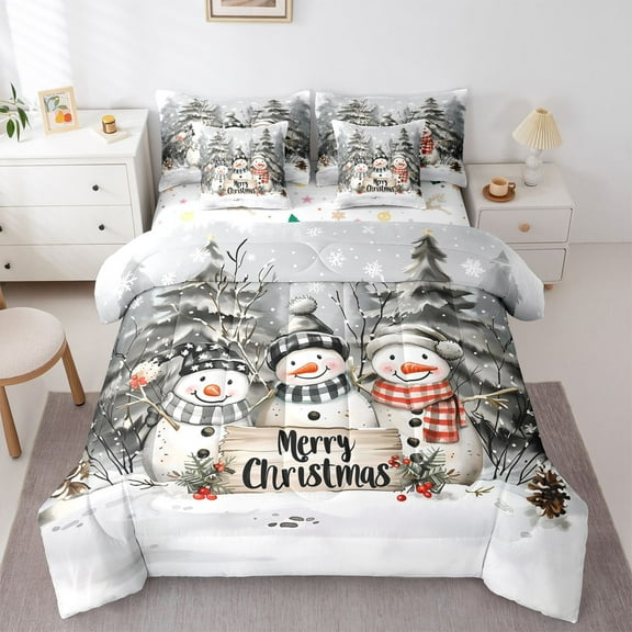 Homewish Kawaii Cartoon Snowman Twin Bedding Sets 7-Piece for Kids, Winter Christmas Bedding Comforter Set, White Grey Reversible Sheet Sets, Lightweight Room Decor