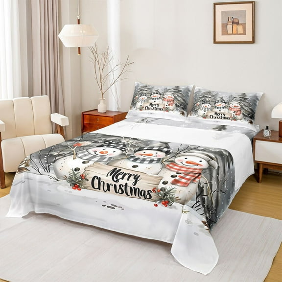 Homewish Kawaii Cartoon Snowman Twin Sheet Sets for Kids, Winter Christmas Twin Fitted Sheet, White Grey Flat Sheet, Lightweight Room Decor, 3-Piece