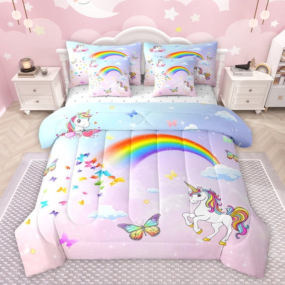 Homewish Kawaii Cartoon Teens Bedding Comforter Set 7pcs, Cute Dreamy Unicorn King Bedding Sets, Fairy Tale Butterfly Bed Sheets, Ultra Soft Bedroom Decor