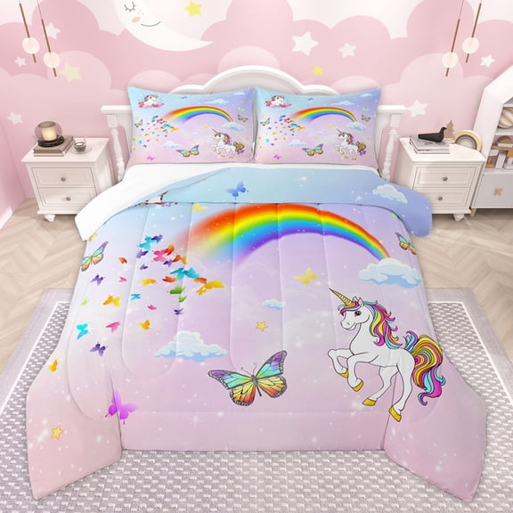 Homewish Kawaii Cartoon Teens Queen Comforter Set, Cute Dreamy Unicorn Bedding Sets, Fairy Tale Butterfly Bedding Comforter Set, Ultra Soft Bedroom Decor, 3pcs