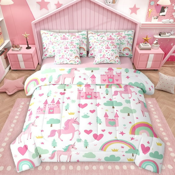 Homewish Kawaii Cartoon Unicorn 7-Piece Twin Bedding Sets,Fairy Tale Castle Bedding Comforter Set,Colorful Rainbow Pink Loves Sheet Sets For Girls,Ultra Soft Home Decor Reversible