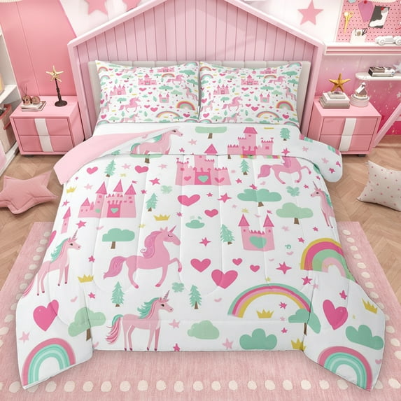 Homewish Kawaii Cartoon Unicorn Queen Comforter Set,Fairy Tale Castle Bedding Sets,Colorful Rainbow Pink Loves Bedding Comforter Set For Girls,Ultra Soft Home Decor Reversible,3-Piece