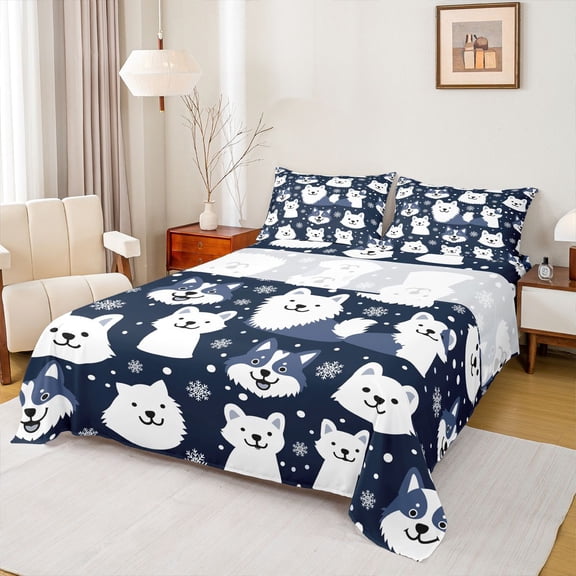 Homewish Kawaii Cartoon Wolves Bed Sheets,Jungle Animal King Sheets,White Deepblue Sheet Set For Kids,Breathable Home Decor,4-Piece