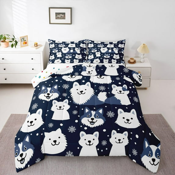 Homewish Kawaii Cartoon Wolves Queen Comforter Set,Jungle Animal Bedding Sets,White Deepblue Bedding Comforter Set For Kids,Breathable Home Decor Reversible,3pcs
