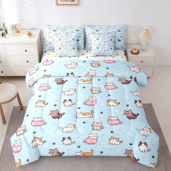 Homewish Kawaii Cat Animal 7-Piece Twin Bedding,Cartoon Pet Themed Bedding Comforter Set,Blue,Polkadot Reversible