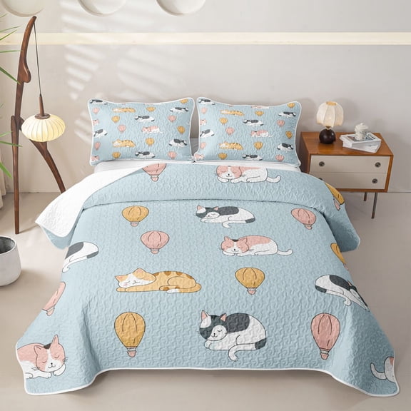 Homewish Kawaii Cat Animal Bed Spread Queen,Cute Balloons Queen Coverlet Set,Blue,3-Piece