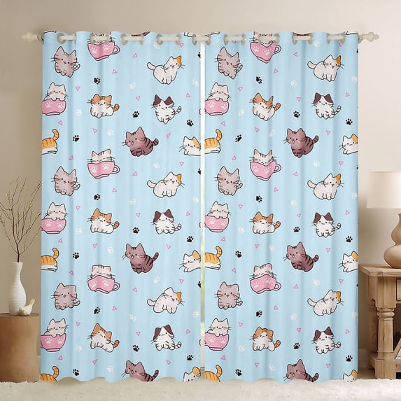Homewish Kawaii Cat Animal Kitchen Curtains,Cartoon Pet Themed Black Out Curtains Pack of 2 (42x63 Each),Blue