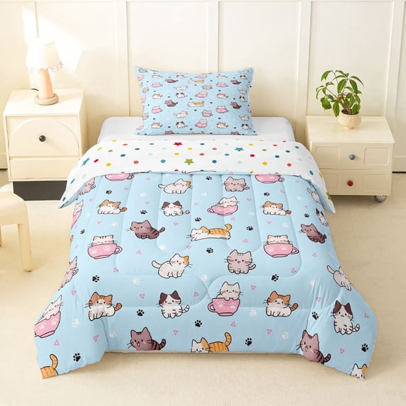 Homewish Kawaii Cat Animal Twin Comforter Sets,Cartoon Pet Themed Bedding Set,Blue,Polkadot Reversible,2-Piece,1 Comforter and 1 Pillowcase