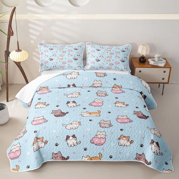 Homewish Kawaii Cat Animal Twin Quilt Set,Cartoon Pet Themed Twin Coverlet Set,Blue,2-Piece