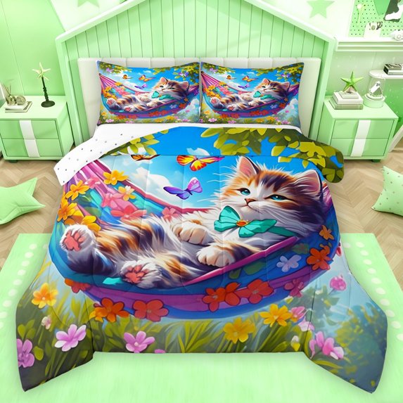 Homewish Kawaii Cat Full Size Comforter Sets,Pet Kitten Bedding Comforter Set,Rainbow Flower Butterfly Bedding Sets For Girls Teens,Breathable Home Decor Reversible,3-Piece