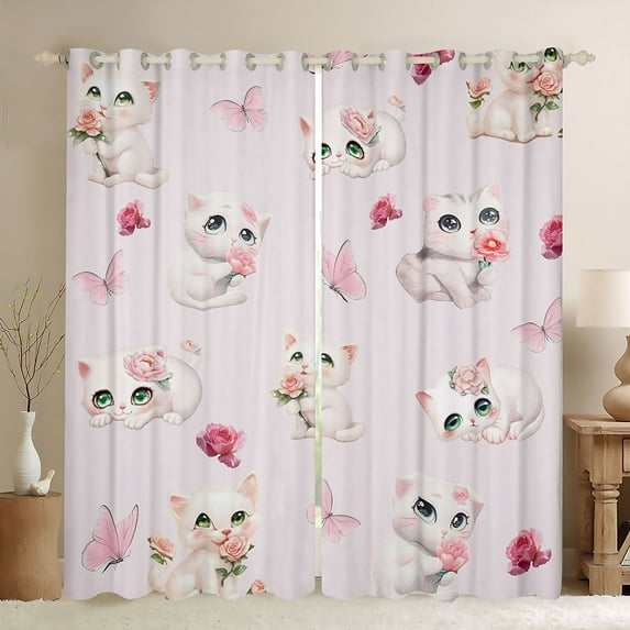 Homewish Kawaii Cat Kitten Black Out Curtains,Lovely Pet Animal Curtains Pack of 2 (42x63 Each),Pink Rose Butterfly Bedroom Curtains For Girls Kids,Ultra Soft Home Decor