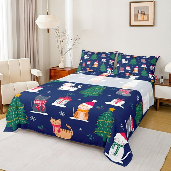 Homewish Kawaii Cat Kitten Queen Sheet Sets,Merry Christmas Flat Sheet,Xmas Tree Snowflake Queen Fitted Sheet For Girls Teens,Microfiber Bedroom Decor,4-Piece