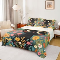 Homewish Kawaii Cat Kitten Twin Sheet Sets,Cute Daisy Floral Twin Fitted Sheet,Green Black Orange Flat Sheet For Girls Kids,Microfiber Bedroom Decor,3-Piece