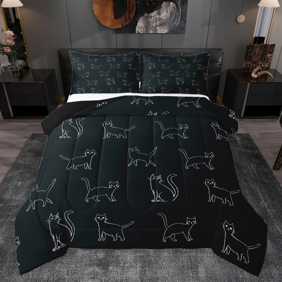 Homewish Kawaii Cat Print Bedding Comforter Set for Teens, Cartoon Kitten Lover Twin Comforter Sets, Simple Art Style Reversible Bedding Set, Microfiber Bedroom Decor, 2-Piece
