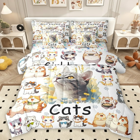 Homewish Kawaii Cats Lover Bedding Comforter Set 7pcs, Cartoon Kitten Animal King Bedding Sets, Teens Kids Boys Girls Reversible Bed Sheets, Lightweight Room Decor