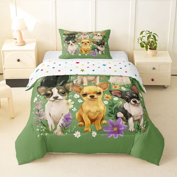 Homewish Kawaii Chihuahua Dog Twin Comforter Sets,Spring Flower Bedding Set,Green,Polkadot Reversible,2 Pieces,1 Comforter and 1 Pillowcase
