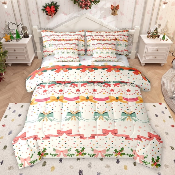 Homewish Kawaii Christmas Bowknot Bedding Comforter Set 7 Pieces for Child, Dreamy Cartoon Stars Print Full Bedding Set, Xmas Flower Plant Reversible Fitted Sheet Flat Sheet, Breathable Home Decor
