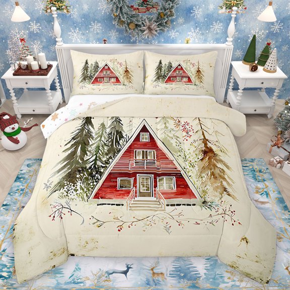 Homewish Kawaii Christmas Cabin Queen Comforter Set for Kids, Tree Plant Botanical Bedding Sets, Rustic Framhouse Reversible Bedding Comforter Set, Super Cozy Room Decor, 3pcs
