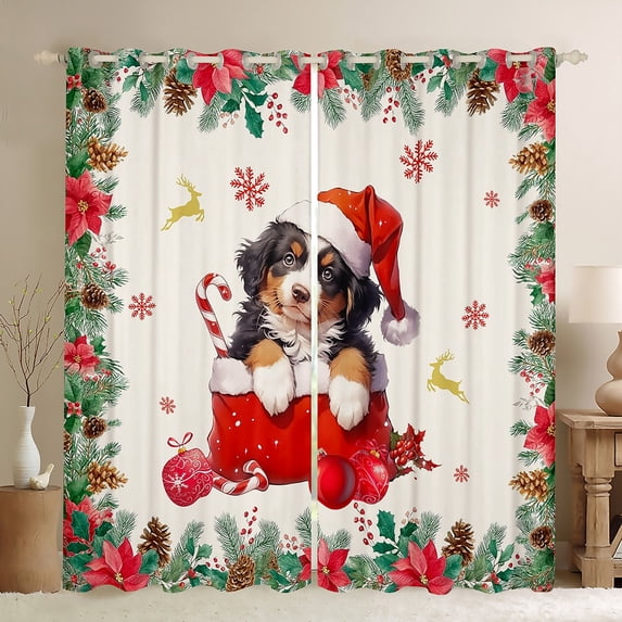 Homewish Kawaii Christmas Dog Curtains Pack of 2 (42x84 Each) for Kids, Cartoon Santa Claus Hat Curtains Blackout, Western Xmas Flower Bedroom Curtains, Curtains and Drapes Decor