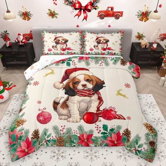 Homewish Kawaii Christmas Dog Queen Comforter Set for Kids, Cute Santa Claus Hat Bedding Sets, Western Xmas Flower Reversible Bedding Comforter Set, Luxury Bedroom Decor, 3 Pieces