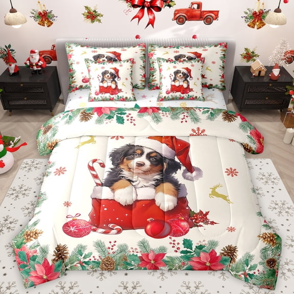 Homewish Kawaii Christmas Dog Twin Bedding Sets 7-Piece for Kids, Cartoon Santa Claus Hat Bedding Comforter Set, Western Xmas Flower Reversible Sheet Sets, Ultra Soft Bedroom Decor