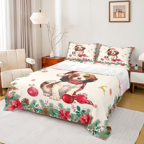 Homewish Kawaii Christmas Dog Twin Sheet Sets for Kids, Cute Santa Claus Hat Twin Fitted Sheet, Western Xmas Flower Flat Sheet, Luxury Bedroom Decor, 3 Pieces