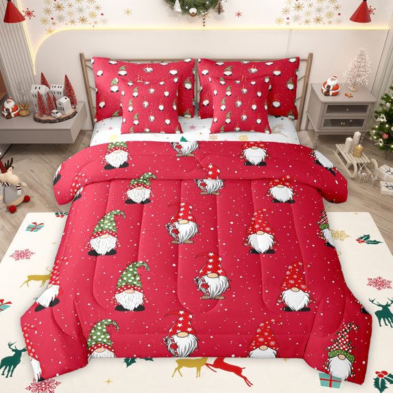 Homewish Kawaii Christmas Gnome Bedding Comforter Set 7pcs, Red Cartoon Christmas Queen Bedding Sets, Teens Kids Boys Girls Reversible Queen Sheet Sets, Breathable Home Decor