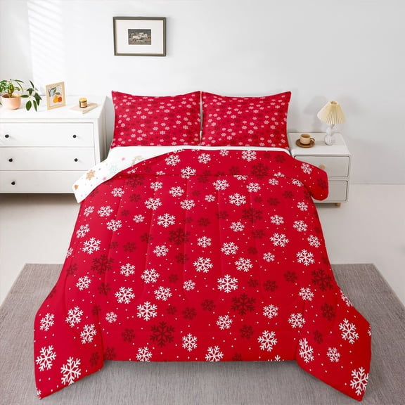 Homewish Kawaii Christmas Snowflake Queen Comforter Set,Merry Xmas Bedding Sets,Red White Bedding Comforter Set For Kids,Luxury Bedroom Decor Reversible,3pcs