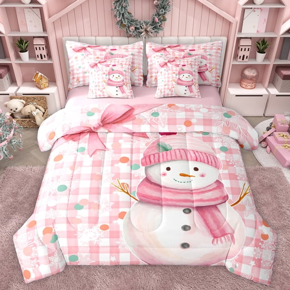 Homewish Kawaii Christmas Snowman 7-Piece Bedding Comforter Set,Colorful Geometric Circle King Bedding Sets,Pink White Checkered Bed Sheets For Kids,Super Cozy Room Decor Reversible