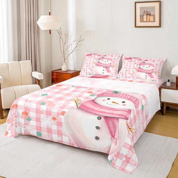 Homewish Snowman Circle Pink White King 4-Piece Reversible Kids Super Cozy Geometric Xmas Sheet Set