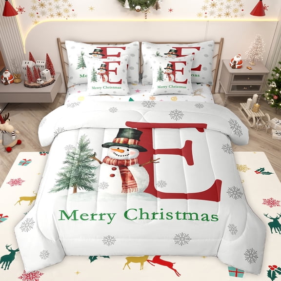 Homewish Kawaii Christmas Snowman Bedding Comforter Set 7pcs, Initial E Letter King Bedding Sets, Cartoon Winter Snowflake Reversible Bed Sheets, Microfiber Bedroom Decor