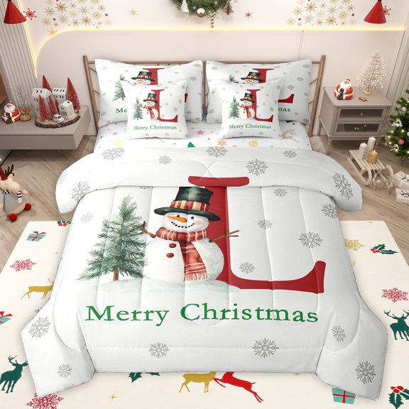 Homewish Kawaii Christmas Snowman Bedding Comforter Set 7pcs, Initial L Letter King Bedding Sets, Cartoon Winter Snowflake Reversible Bed Sheets, Breathable Home Decor