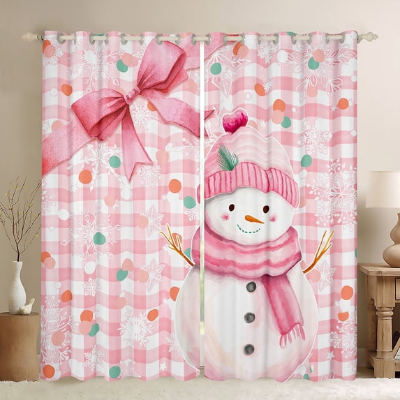 Homewish Kawaii Christmas Snowman Blackout Curtains Set of 2 (52x84 Each),Colorful Geometric Circle Window Curtains,Pink White Checkered Curtains and Drapes For Kids,Super Cozy Room Decor