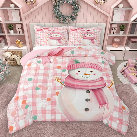 Homewish Kawaii Christmas Snowman Full Size Comforter Sets,Colorful Geometric Circle Bedding Comforter Set,Pink White Checkered Bedding Sets For Kids,Super Cozy Room Decor Reversible,3pcs
