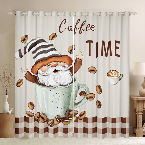 Homewish Kawaii Coffee Gnome Black Out Curtains for Kids, Vintage Brown Plaid Buffalo Curtains Pack of 2 (42x63 Each), Happy Holiday Bedroom Curtains, Black Out Curtains Bedroom Decor