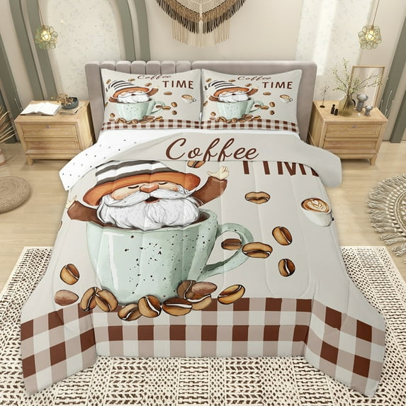 Homewish Kawaii Coffee Gnome Full Size Comforter Sets for Kids, Vintage Brown Plaid Buffalo Bedding Comforter Set, Happy Holiday Reversible Bedding Sets, Ultra Soft Bedroom Decor, 3 Pieces