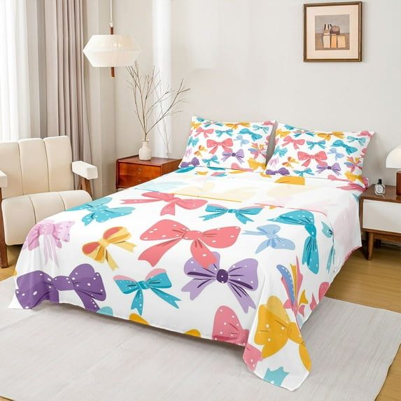 Homewish Kawaii Colorful Bow 4 Pieces Queen Sheet Sets for Kids Children Girls,Dreamy Princess Ultra Soft Flat Sheet,Cartoon Polka Dots Queen Fitted Sheet,Ultra Soft Home Decor