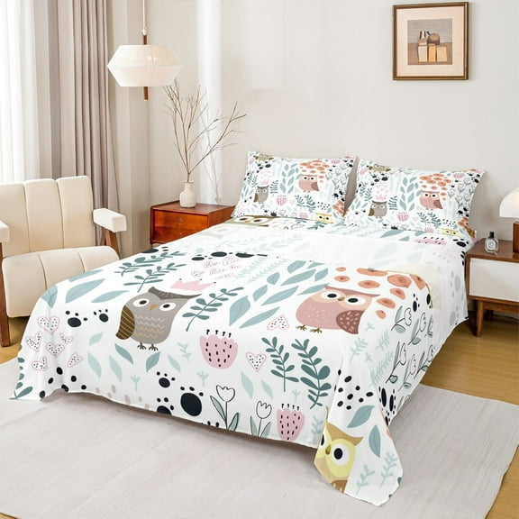 Homewish Kawaii Colorful Owl 4-Piece Full Size Sheets for Child Boys Girls,Chic Floral Flower Bed Sheets,Cartoon Animal Lightweight Sheet Sets,Super Cozy Room Decor