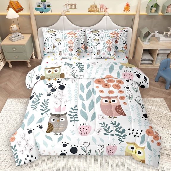 Homewish Kawaii Colorful Owl 7-Piece Bedding Comforter Set for Child Boys Girls,Chic Floral Flower King Bedding Sets,Cartoon Animal Ultra Soft Bed Sheets,Super Cozy Room Decor,Reversible