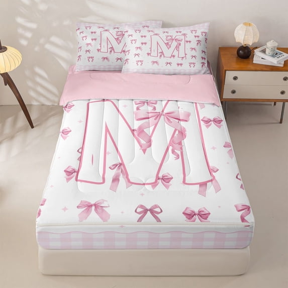 Homewish Kawaii Coquette Bowknot Zipper Twin Comforter Sets with Fitted Sheet and 2 Pillowcases,Pink M Alphabet Zipper Bedding Set For Bow Lovers,Pink Reversible,4 Pieces