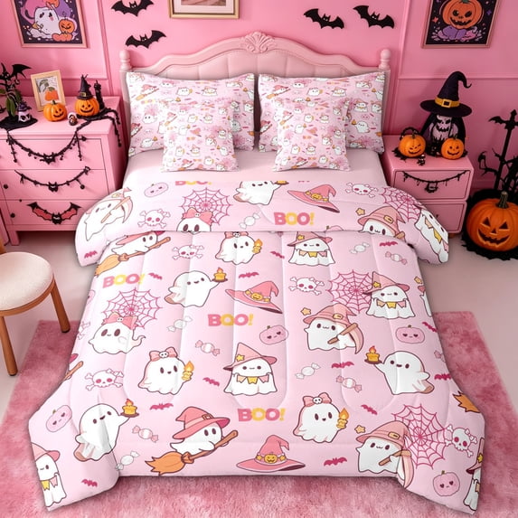 Homewish Kawaii Coquette Ghost Twin Bedding for Girls, Witch Hat Spider Web Candy Boo Bedding Comforter Set, Pink Reversible, 7-Piece