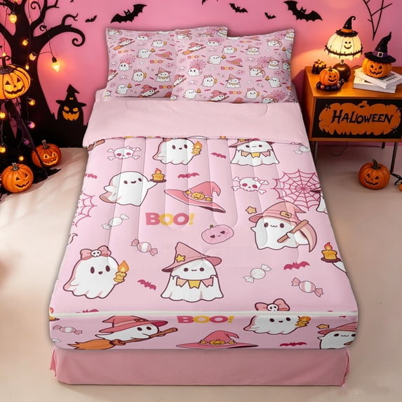 Homewish Kawaii Coquette Ghost Zipper Twin Comforter Sets with Fitted Sheet and 2 Pillowcases for Girls, Witch Hat Spider Web Candy Boo Zipper Bedding Set, Pink Reversible, 4-Piece