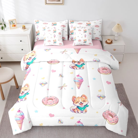 Homewish Kawaii Corgi Dog 7-Piece King Bedding,Pink Donut King Bed in a Bag,Ice Cream Cone Decor,Pink Reversible