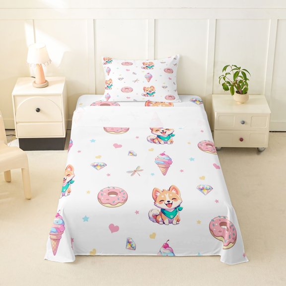Homewish Kawaii Corgi Dog Twin Sheets,Pink Donut Bedding,Ice Cream Cone Decor,3 Pieces,1 Fitted Sheet and 1 Pillowcase