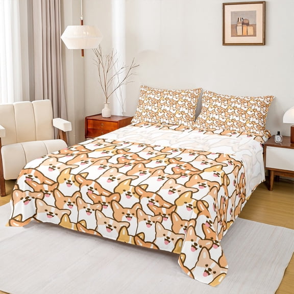 Homewish Kawaii Corgi Twin Sheet Sets 3pcs for Children Boys Girls,Cartoon Animal Twin Fitted Sheet Microfiber,Cute Dog Pet Breathable Flat Sheet,Microfiber Bedroom Decor