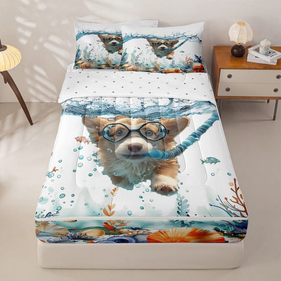 Homewish Kawaii Corgi Zipper Twin Comforter Sets with Fitted Sheet and 2 Pillowcases,Coastal Theme Zipper Bedding Set,Cartoon Pet Dog Themed Decor,Reversible,4pcs