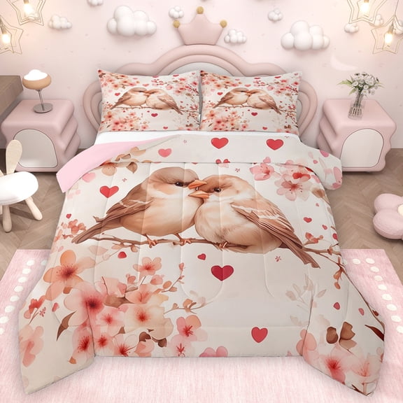 Homewish Kawaii Couple Bird Queen Comforter Set, Romantic Love Heart Bedding Sets, Pink Cherry Blossoms Reversible Bedding Comforter Set, Lightweight Room Decor, 3 Pieces